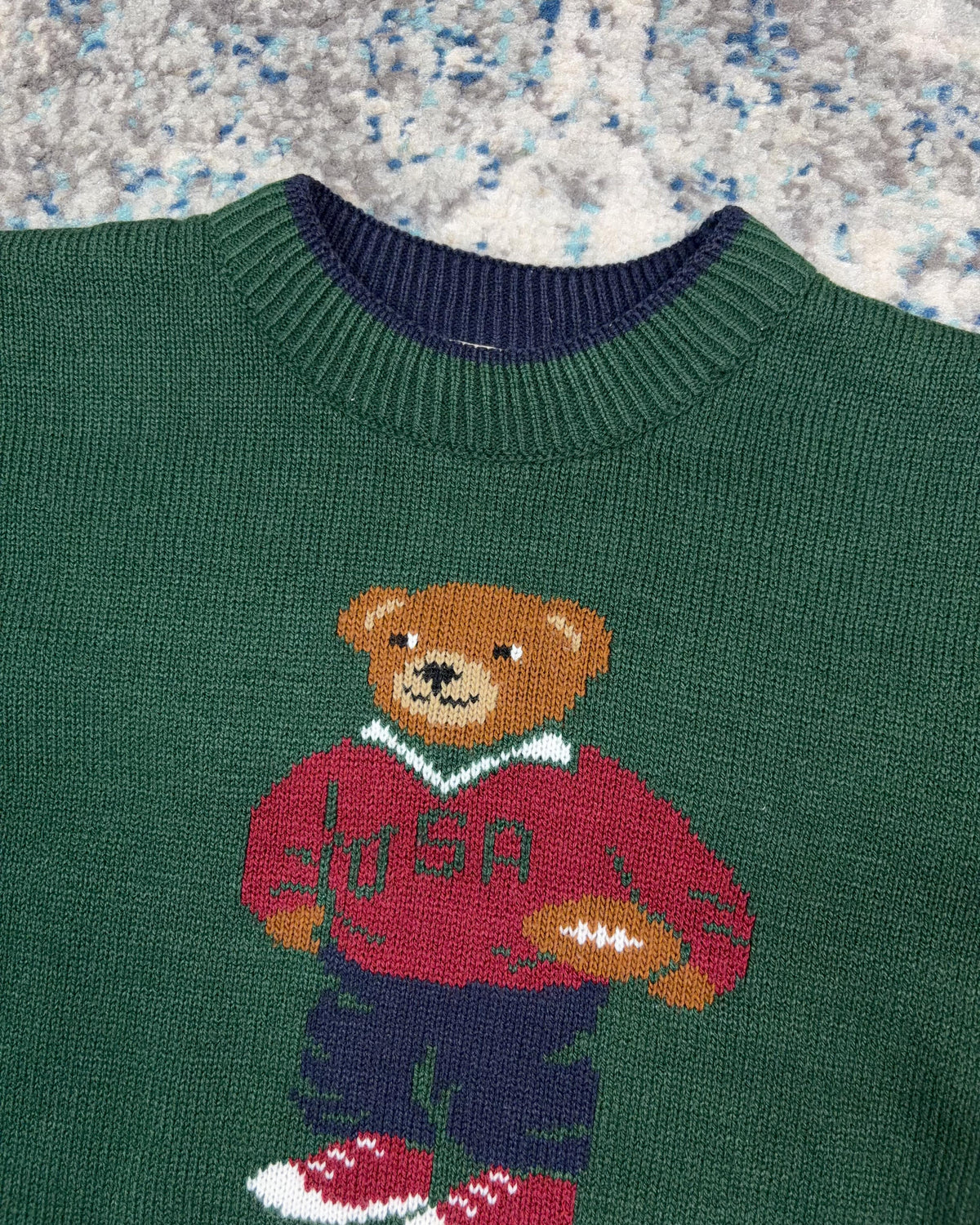 Vintage 90s USA Football Polo Style Bear Graphic Pullover Knit Sweater Size YOUTH S4