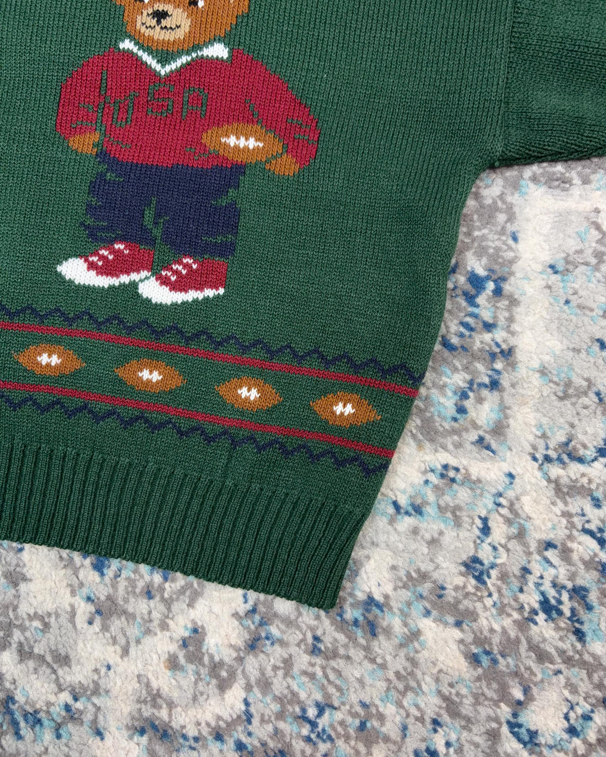 Vintage 90s USA Football Polo Style Bear Graphic Pullover Knit Sweater Size YOUTH S4