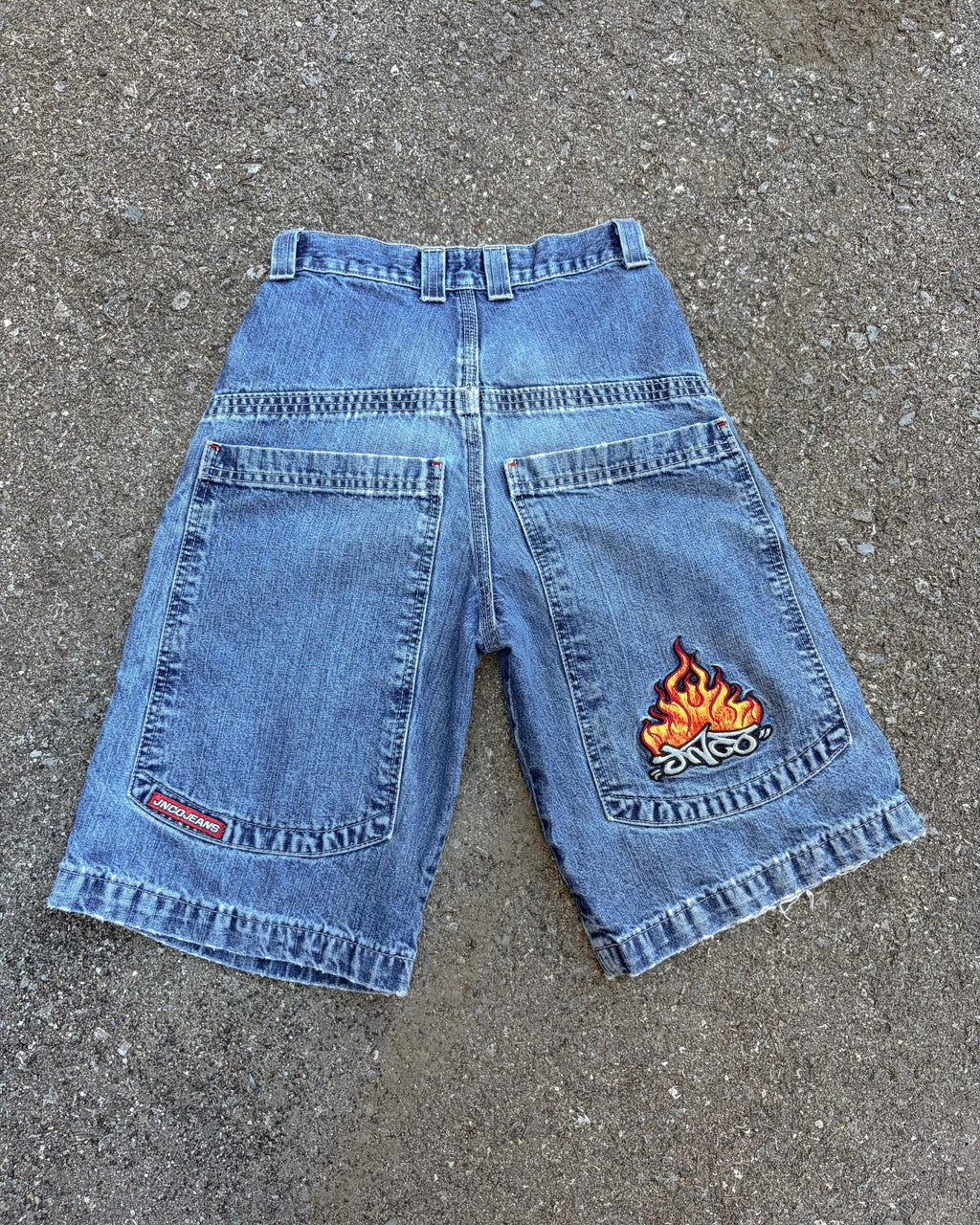 Vintage Y2K JNCO Embroidered Flame Logo Medium Wash Baggy Denim Pants Size YOUTH 10