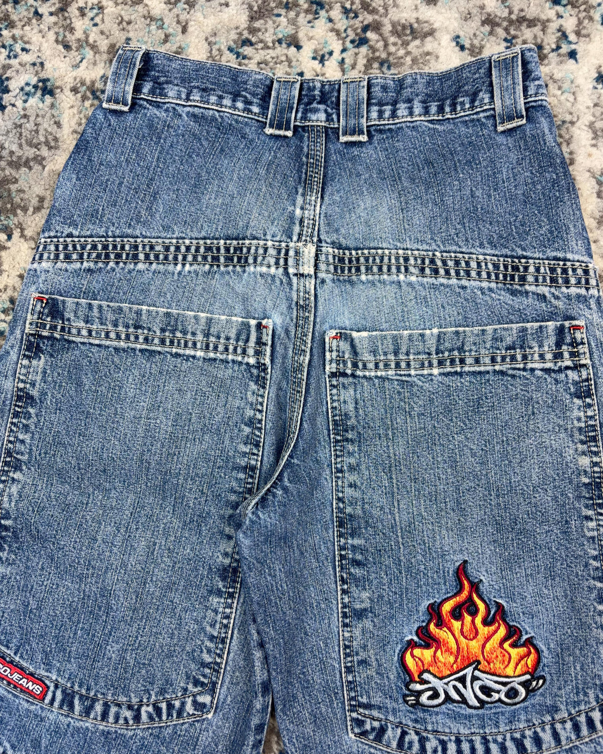 Vintage Y2K JNCO Embroidered Flame Logo Medium Wash Baggy Denim Pants Size YOUTH 10