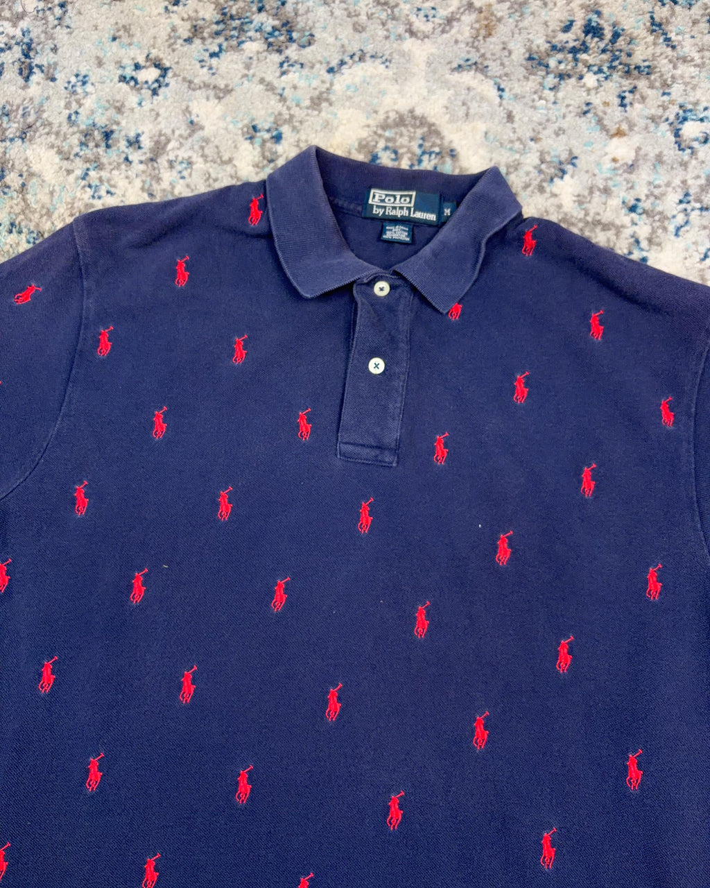 Vintage Polo Ralph Lauren All Over Embroidered Pony 1/4 Button Up Shirt Size Medium