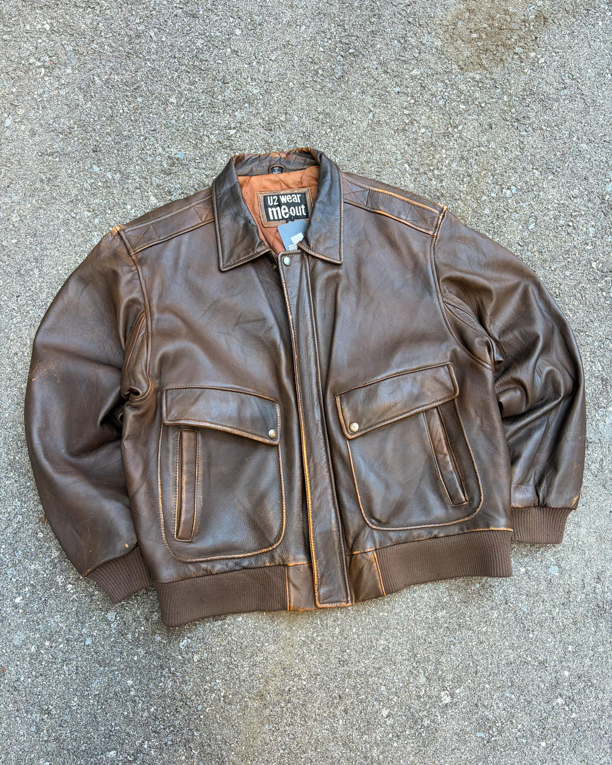 Vintage U2 Wear Me Out Quilted Lined Brown Leather Bomber Jacket Size XL