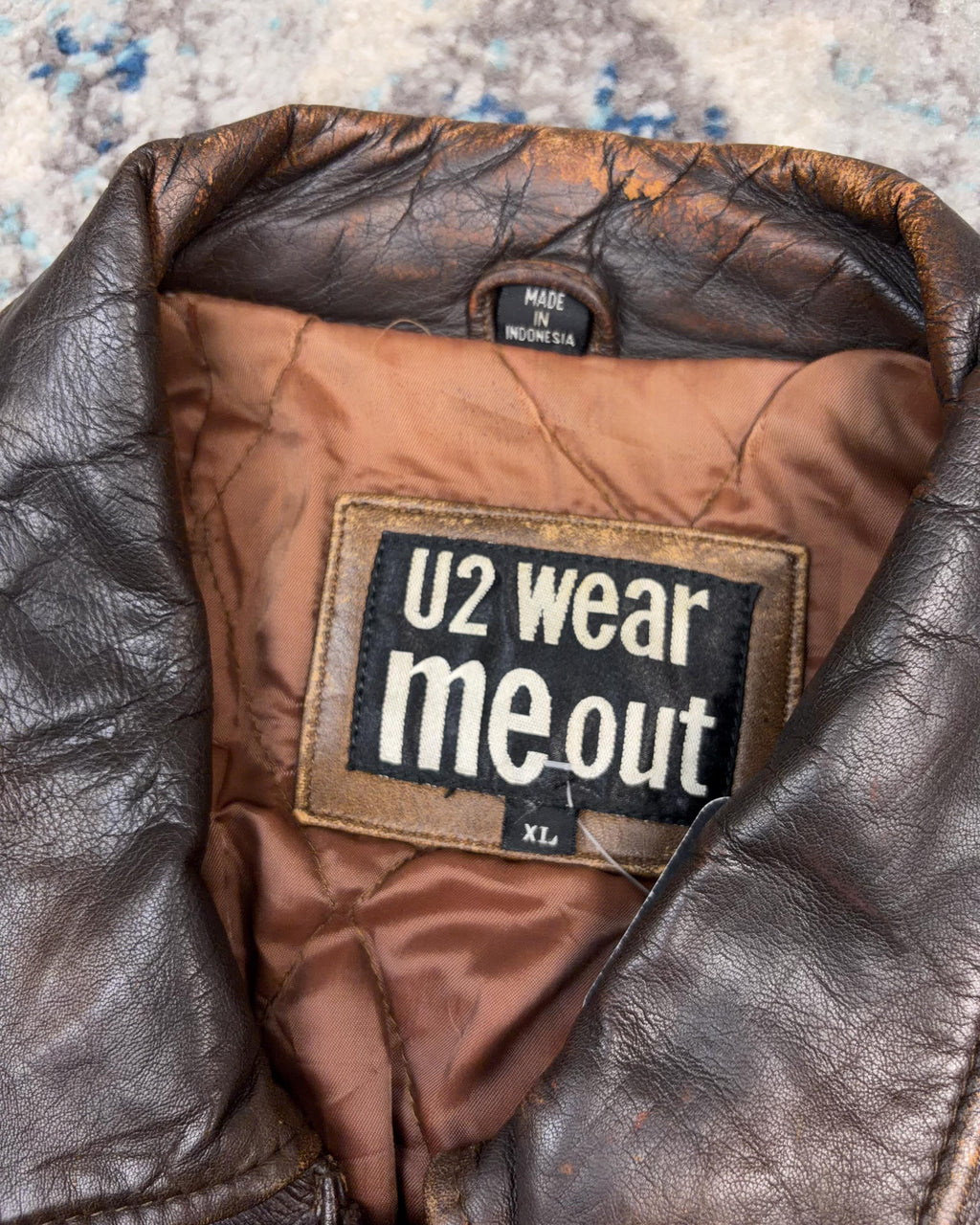 Vintage U2 Wear Me Out Quilted Lined Brown Leather Bomber Jacket Size XL