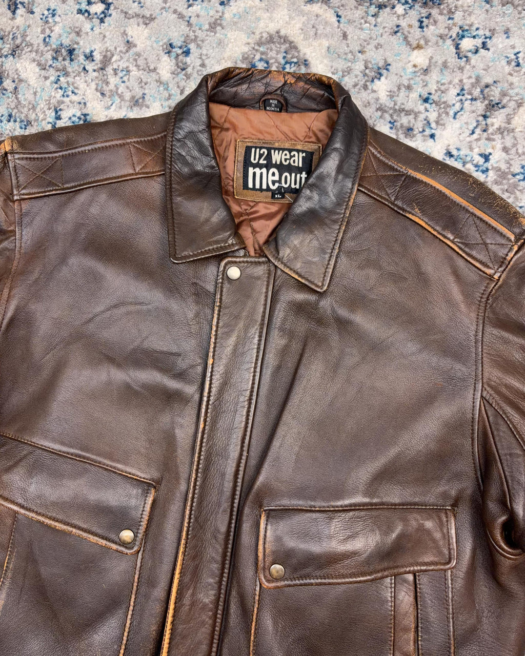 Vintage U2 Wear Me Out Quilted Lined Brown Leather Bomber Jacket Size XL