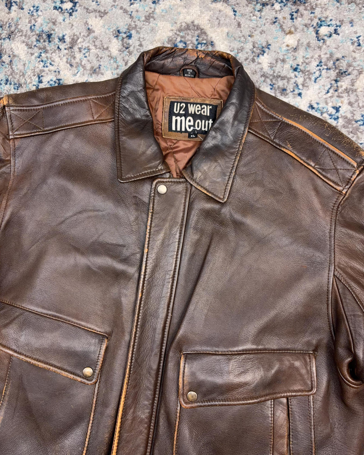 Vintage U2 Wear Me Out Quilted Lined Brown Leather Bomber Jacket Size XL