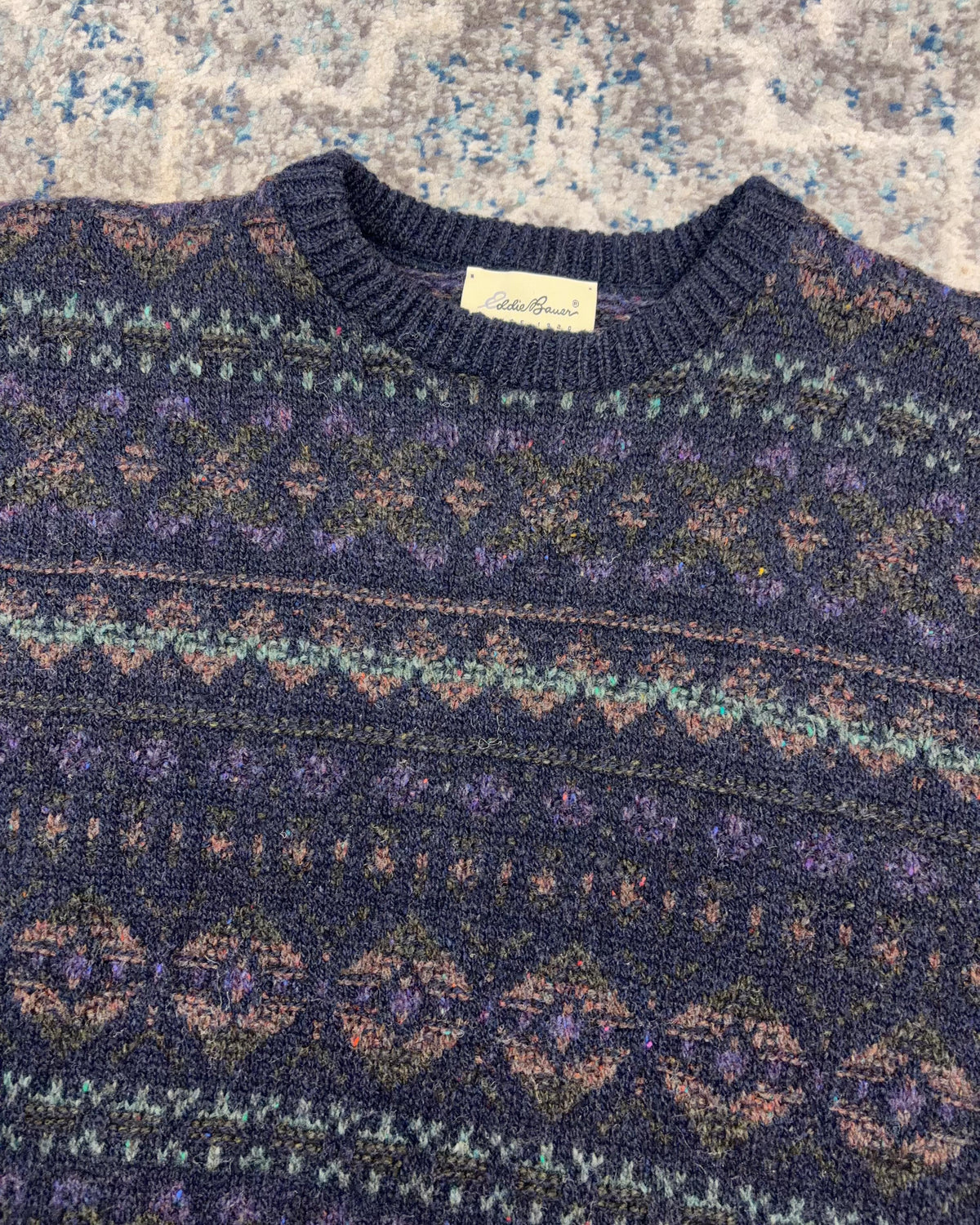 Vintage 90s Eddie Bauer Geometric Pattern Striped Knit Pullover Sweater Size Large