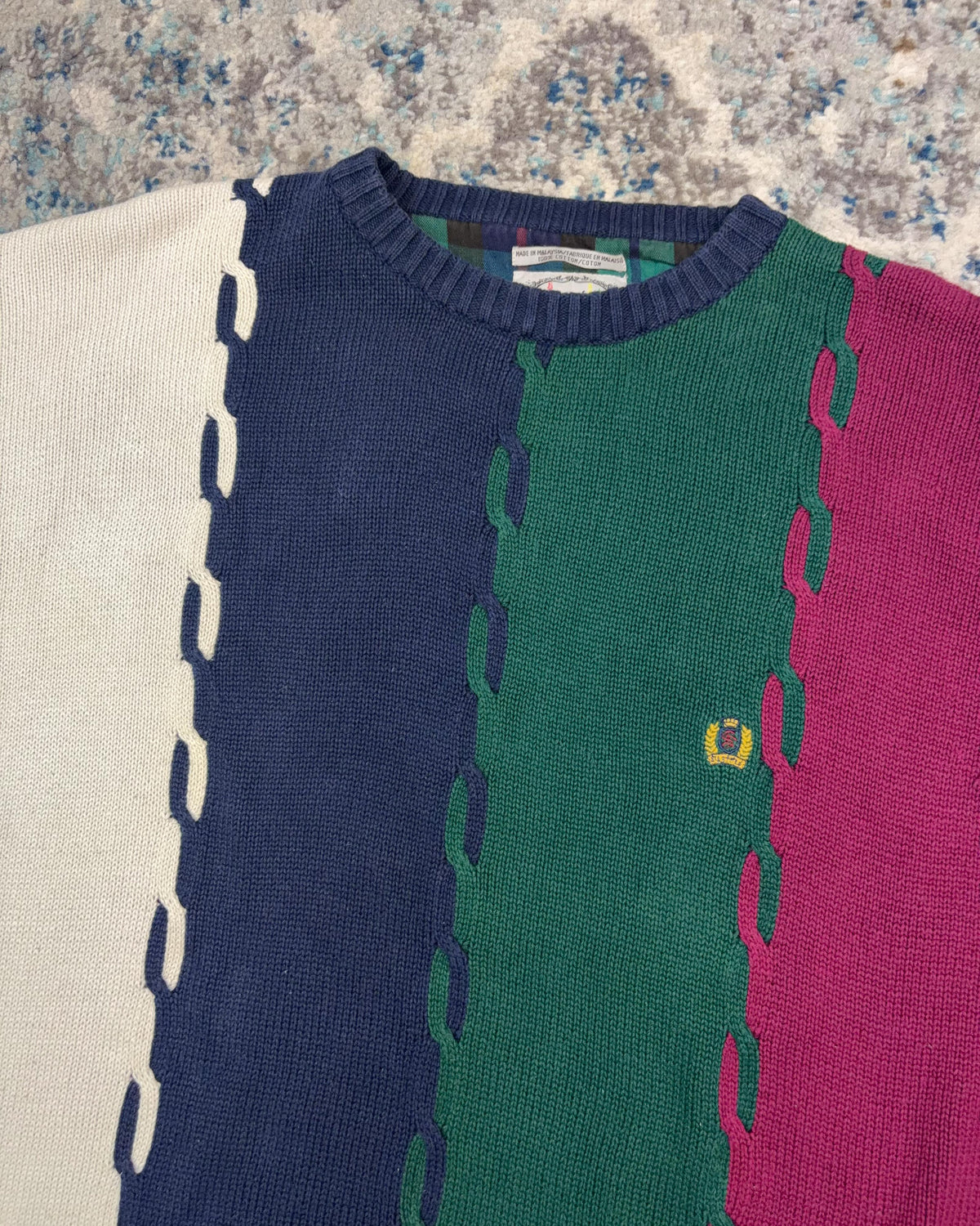 Vintage Siegfried Embroidered Crest Colour Block Striped Pullover Knit Sweater Size XLT