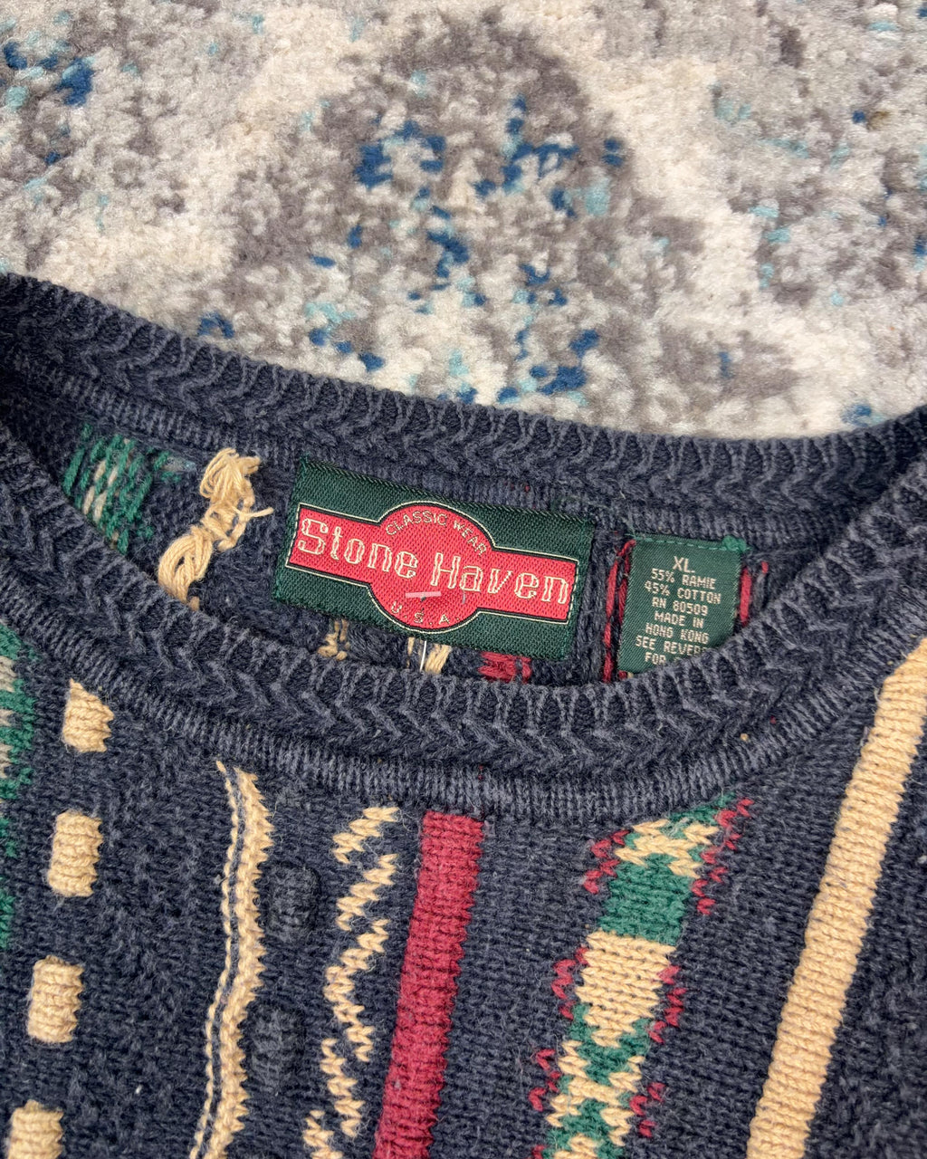 Vintage 90s Stone Haven Striped Textured Pattern Pullover Knit Sweater Size XL