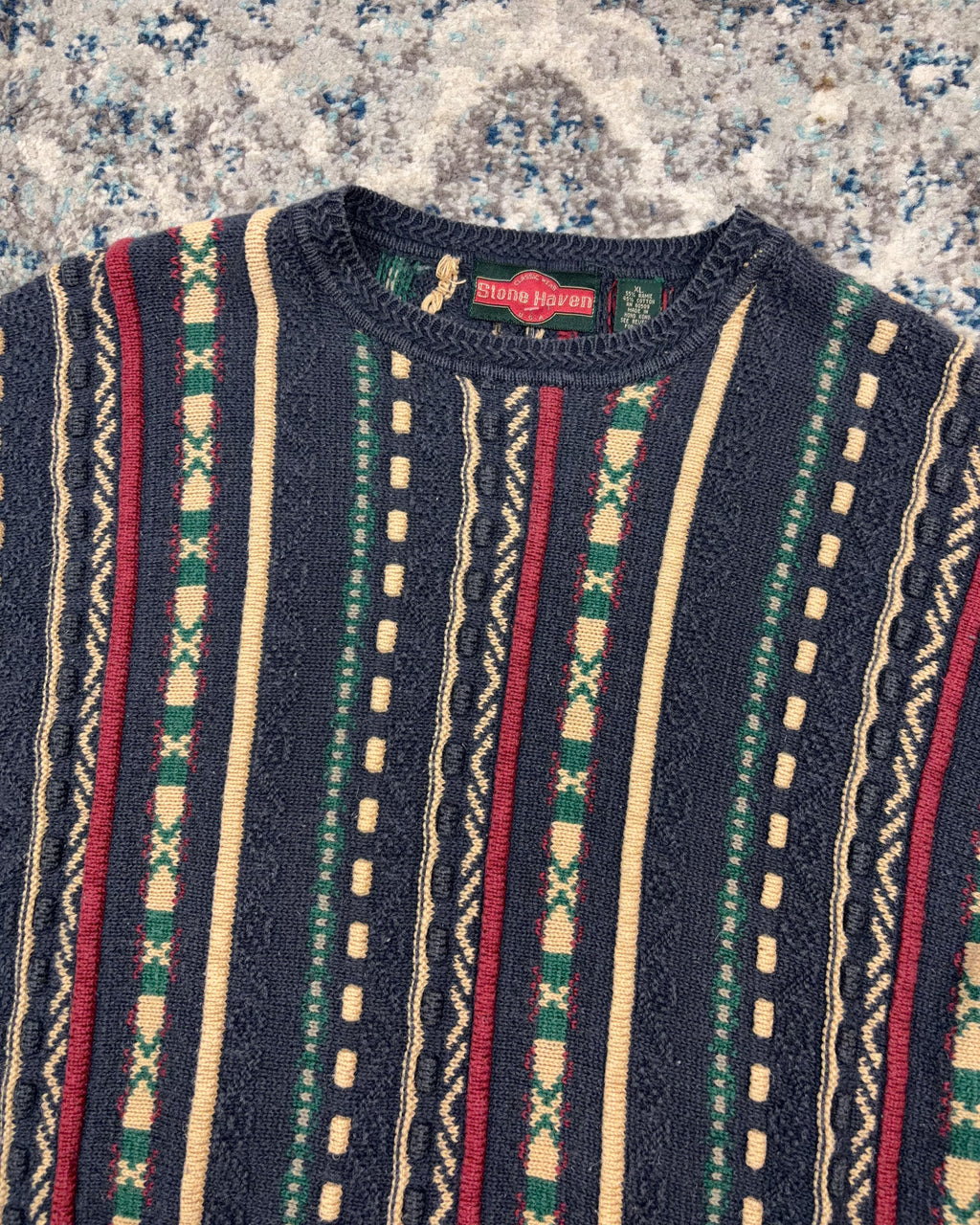 Vintage 90s Stone Haven Striped Textured Pattern Pullover Knit Sweater Size XL