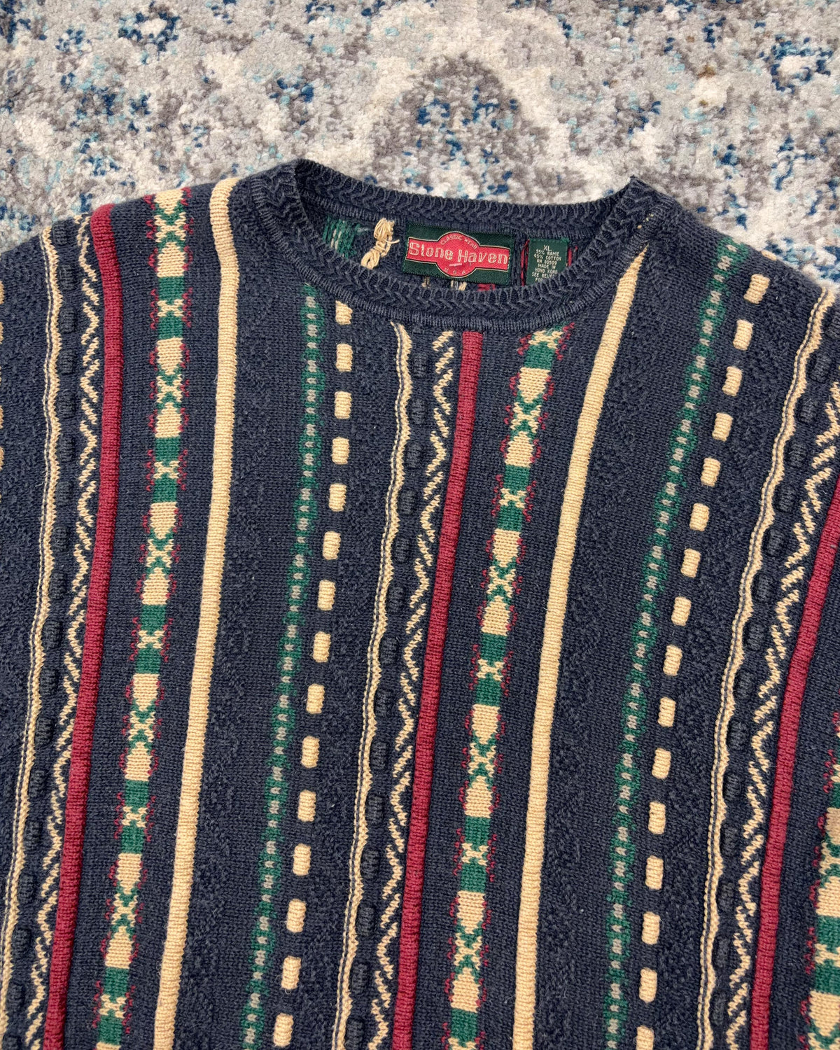 Vintage 90s Stone Haven Striped Textured Pattern Pullover Knit Sweater Size XL