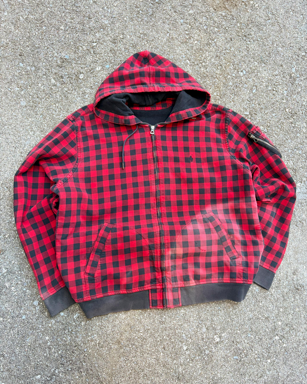 Vintage Polo Ralph Lauren Embroidered Pony Plaid Full Zip Hooded Sweatshirt Size XL