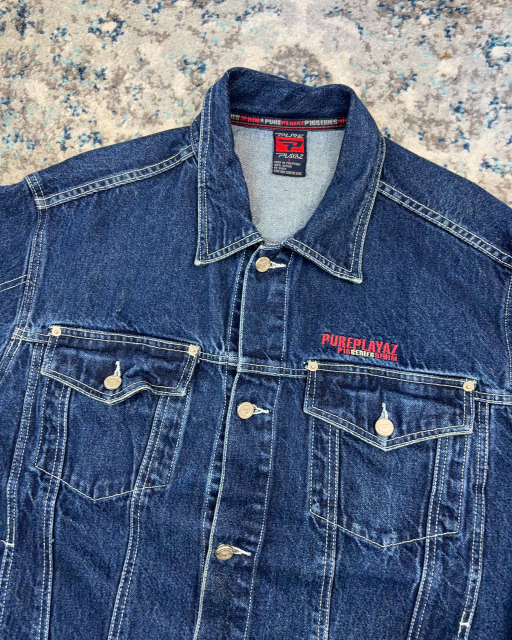 Vintage Y2K Pure Playaz Embroidered Spellout Dark Wash Denim Trucker Jacket Size Large