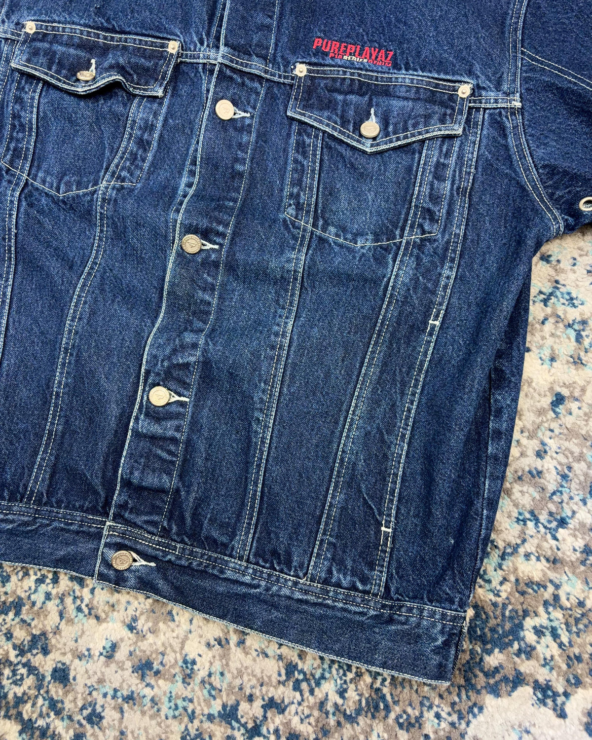 Vintage Y2K Pure Playaz Embroidered Spellout Dark Wash Denim Trucker Jacket Size Large