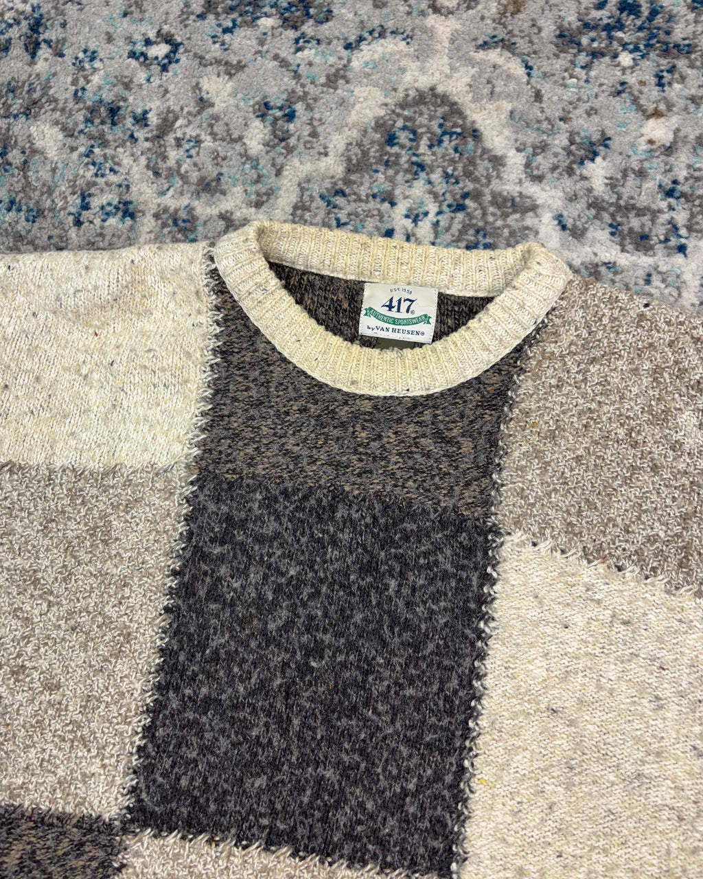 Vintage 90s 417 By Van Heusen Block Pattern Pullover Knit Sweater Size Medium