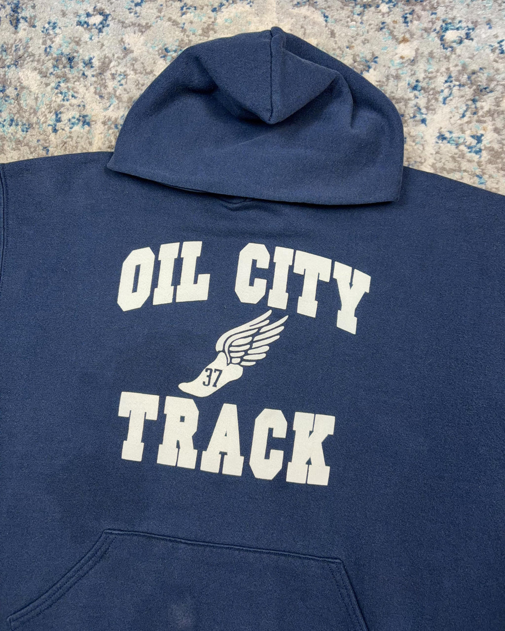 Vintage Oil City Track Wingfoot Graphic Spellout Hooded Sweatshirt Size Large