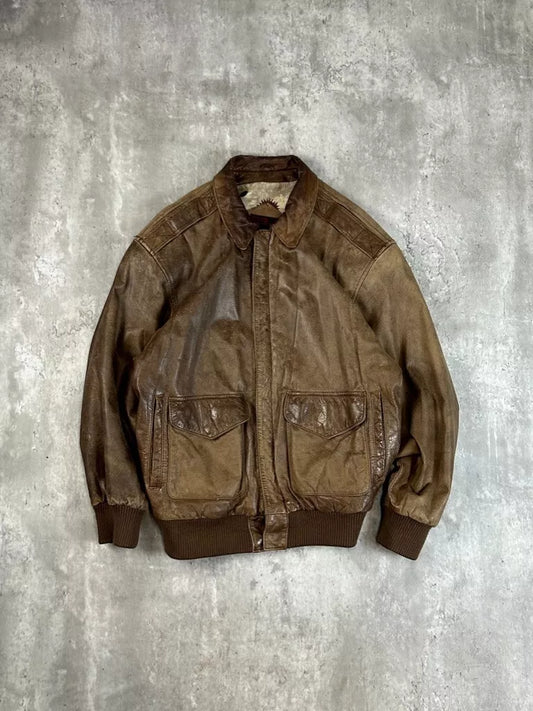 Vintage General Clothing Company Multi Pocket Leather Bomber Jacket Size Medium Brown