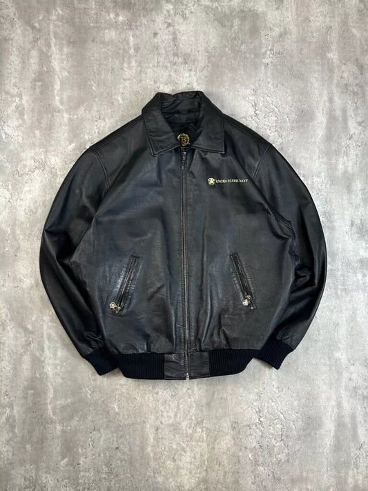 Vintage US Navy American Flag Bald Eagle Graphic Leather Bomber Jacket Size Medium