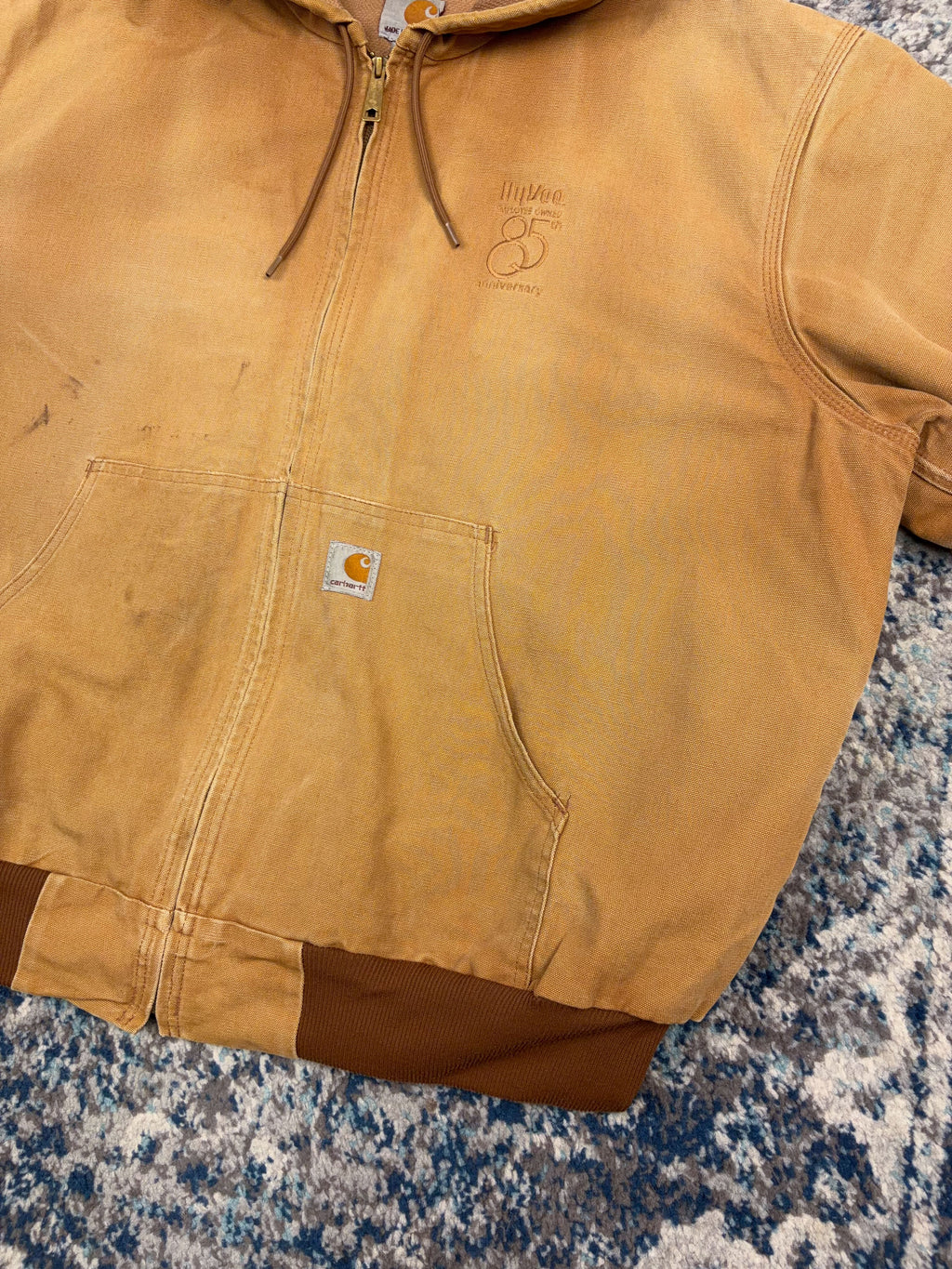 Vintage Carhartt Thermal Lined Canvas Workwear Hooded Bomber Jacket Size 2XL