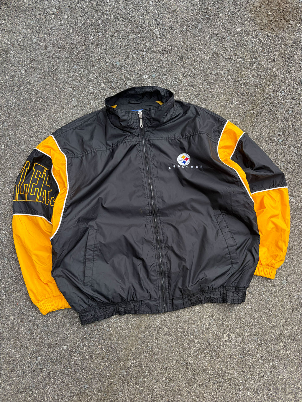 Vintage 90s Pittsburgh Steelers NFL Starter Embroidered Sleeve Spellout Windbreaker Jacket Size XL