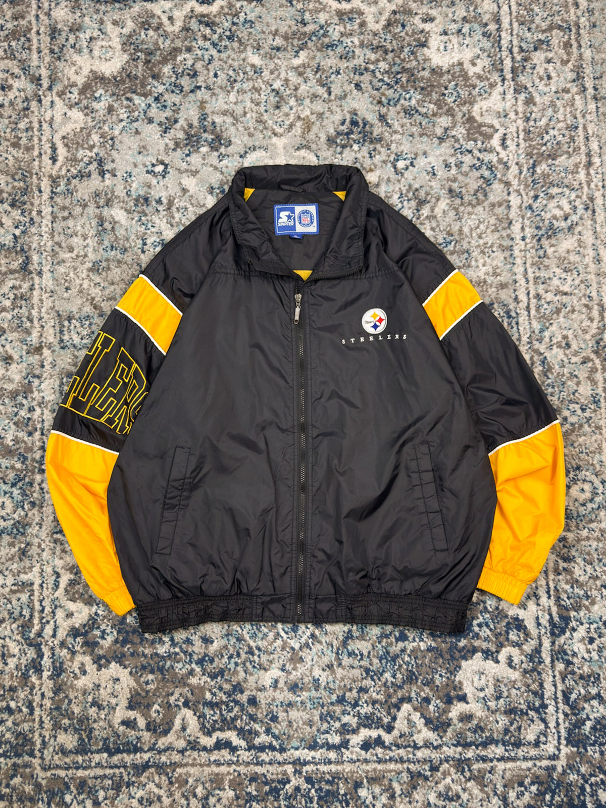 Vintage 90s Pittsburgh Steelers NFL Starter Embroidered Sleeve Spellout Windbreaker Jacket Size XL