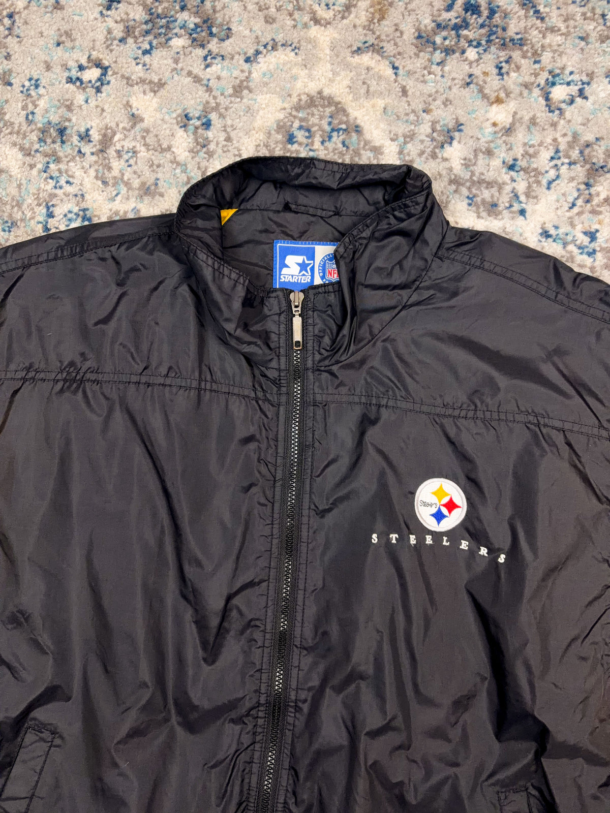 Vintage 90s Pittsburgh Steelers NFL Starter Embroidered Sleeve Spellout Windbreaker Jacket Size XL