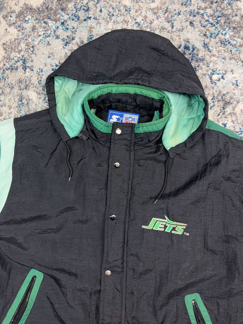 Vintage 90s New York Jets NFL Insulated Hooded Starter Splitback Jacket Size Large
