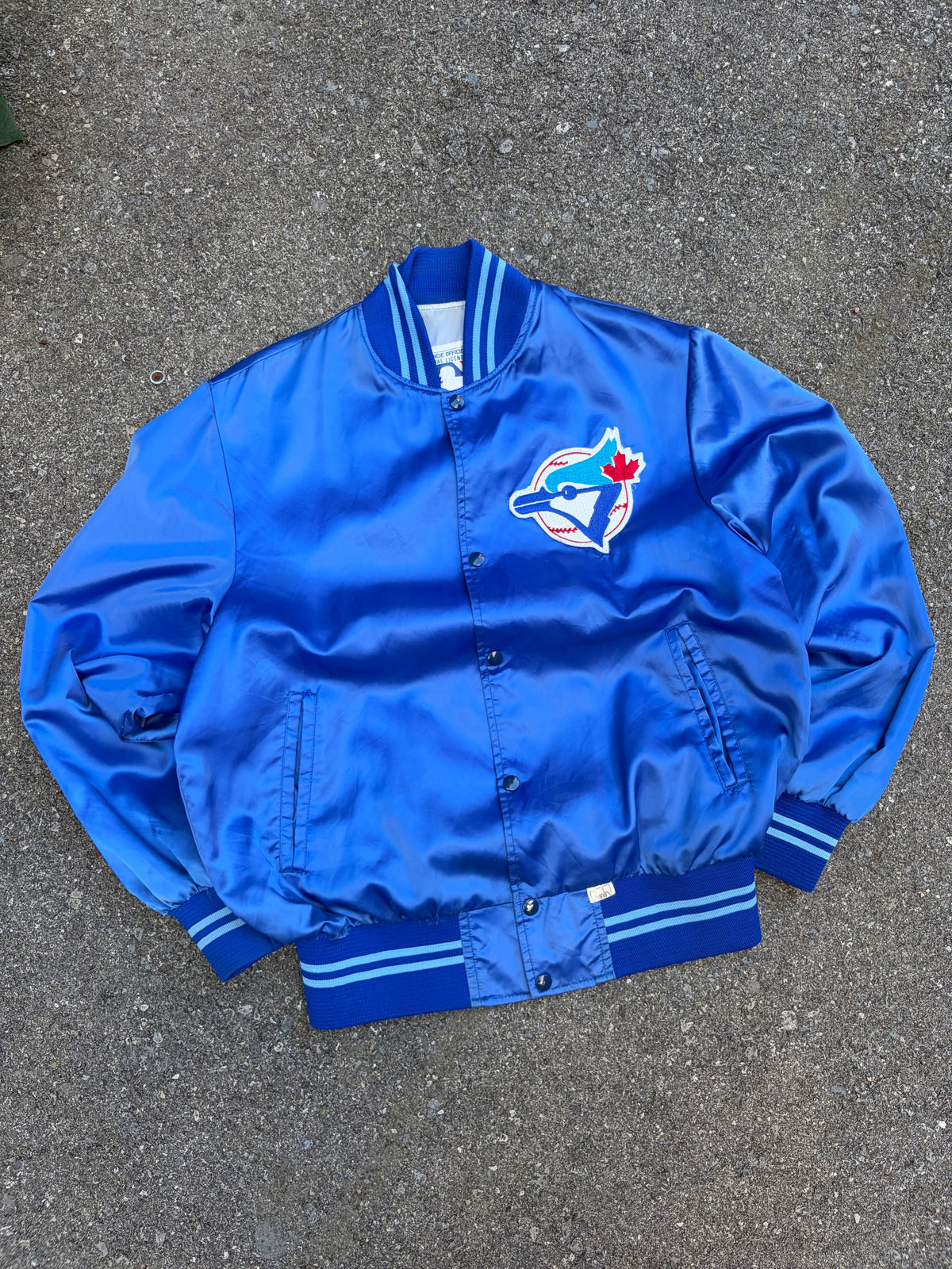Vintage 80s/90s Toronto Blue Jays MLB Embroidered Logo Satin Bomber Jacket Size Large
