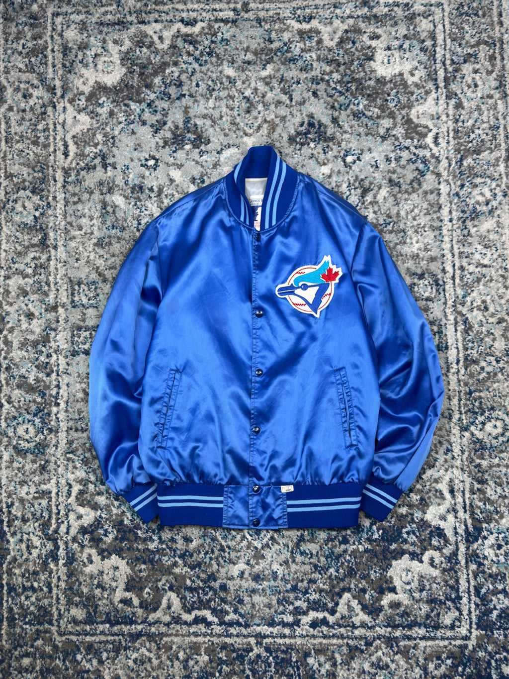 Vintage 80s/90s Toronto Blue Jays MLB Embroidered Logo Satin Bomber Jacket Size Large
