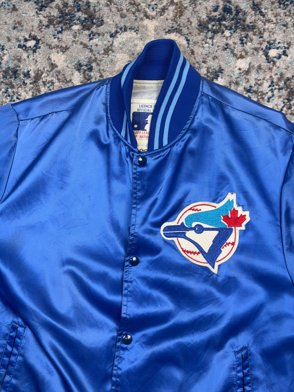 Vintage 80s/90s Toronto Blue Jays MLB Embroidered Logo Satin Bomber Jacket Size Large