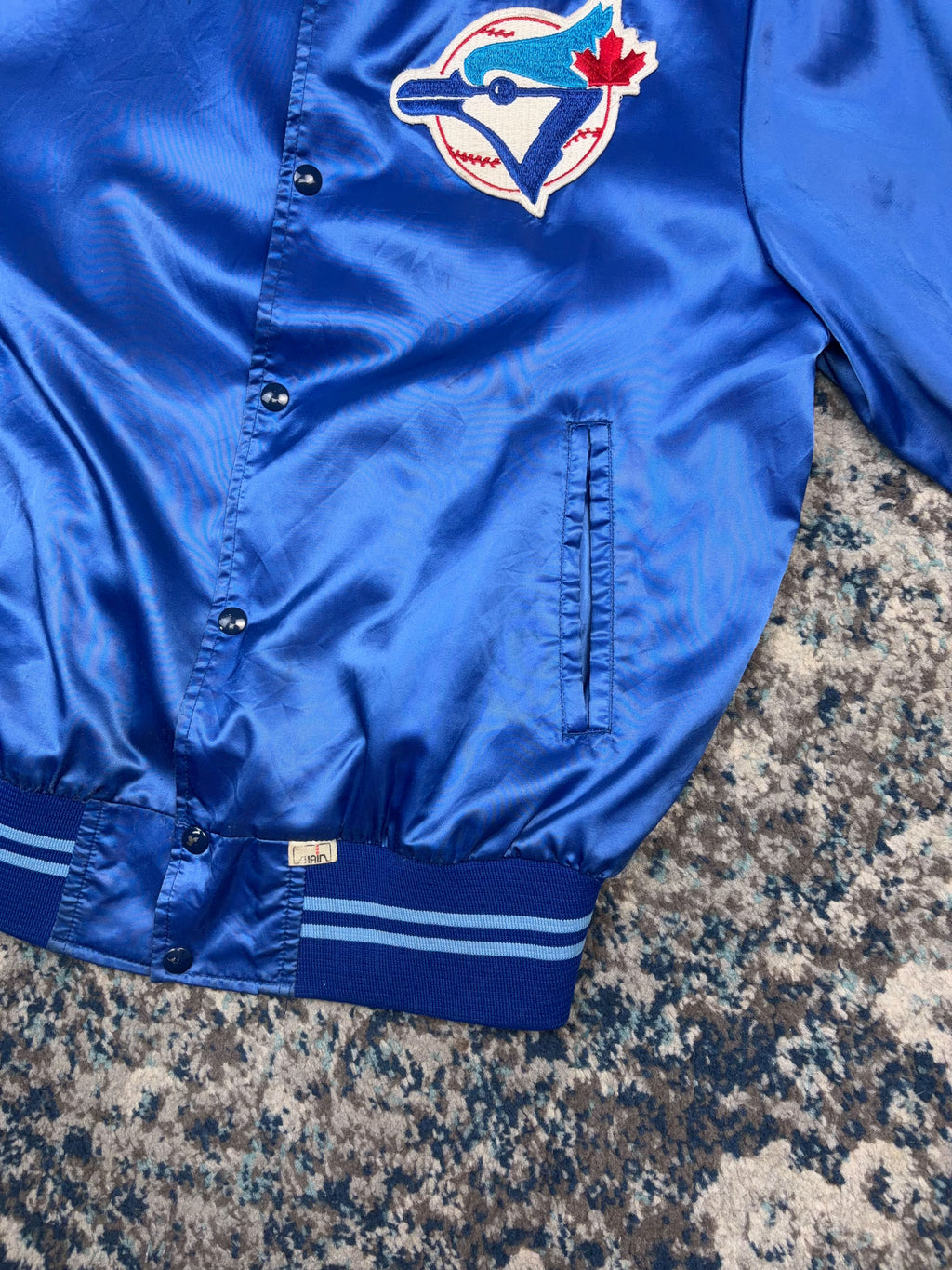 Vintage 80s/90s Toronto Blue Jays MLB Embroidered Logo Satin Bomber Jacket Size Large