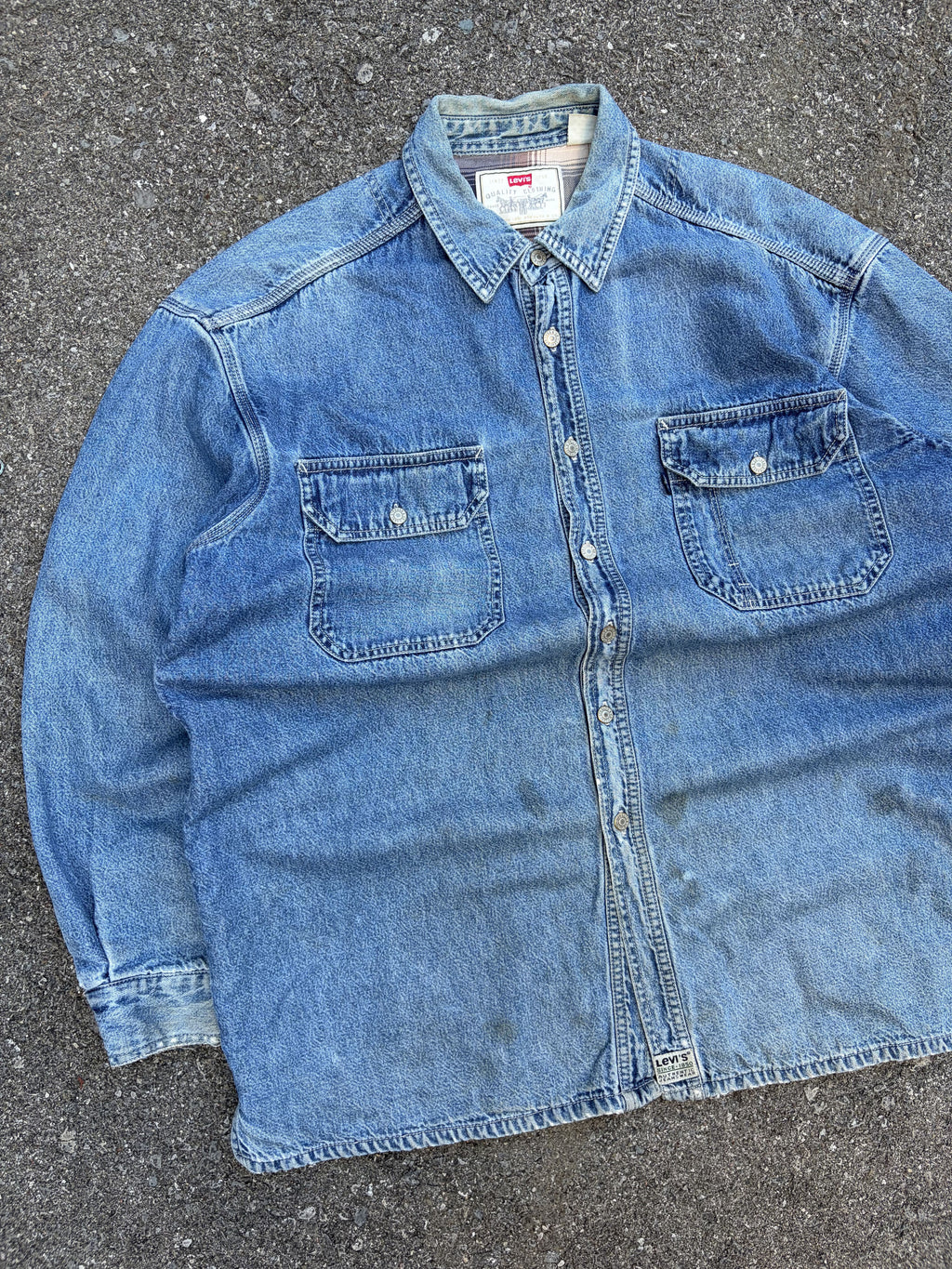 Vintage 90s Levis Blanket Lined Medium Wash Denim Long Sleeve Button Up Shirt Size XL