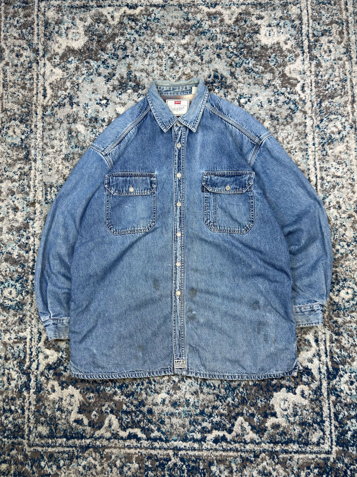 Vintage 90s Levis Blanket Lined Medium Wash Denim Long Sleeve Button Up Shirt Size XL