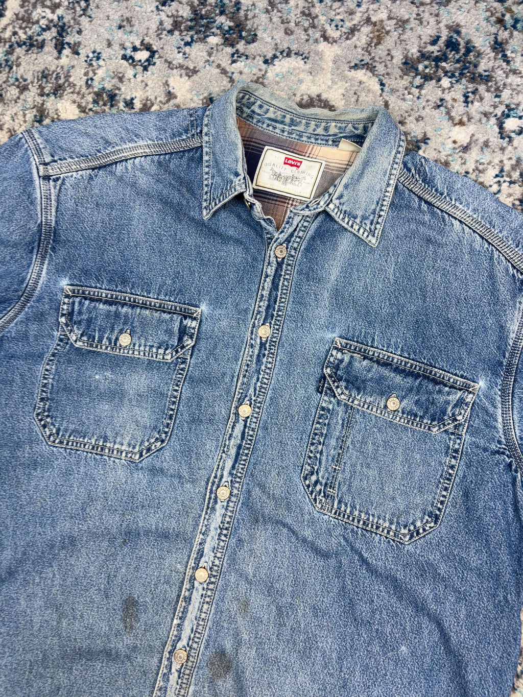 Vintage 90s Levis Blanket Lined Medium Wash Denim Long Sleeve Button Up Shirt Size XL