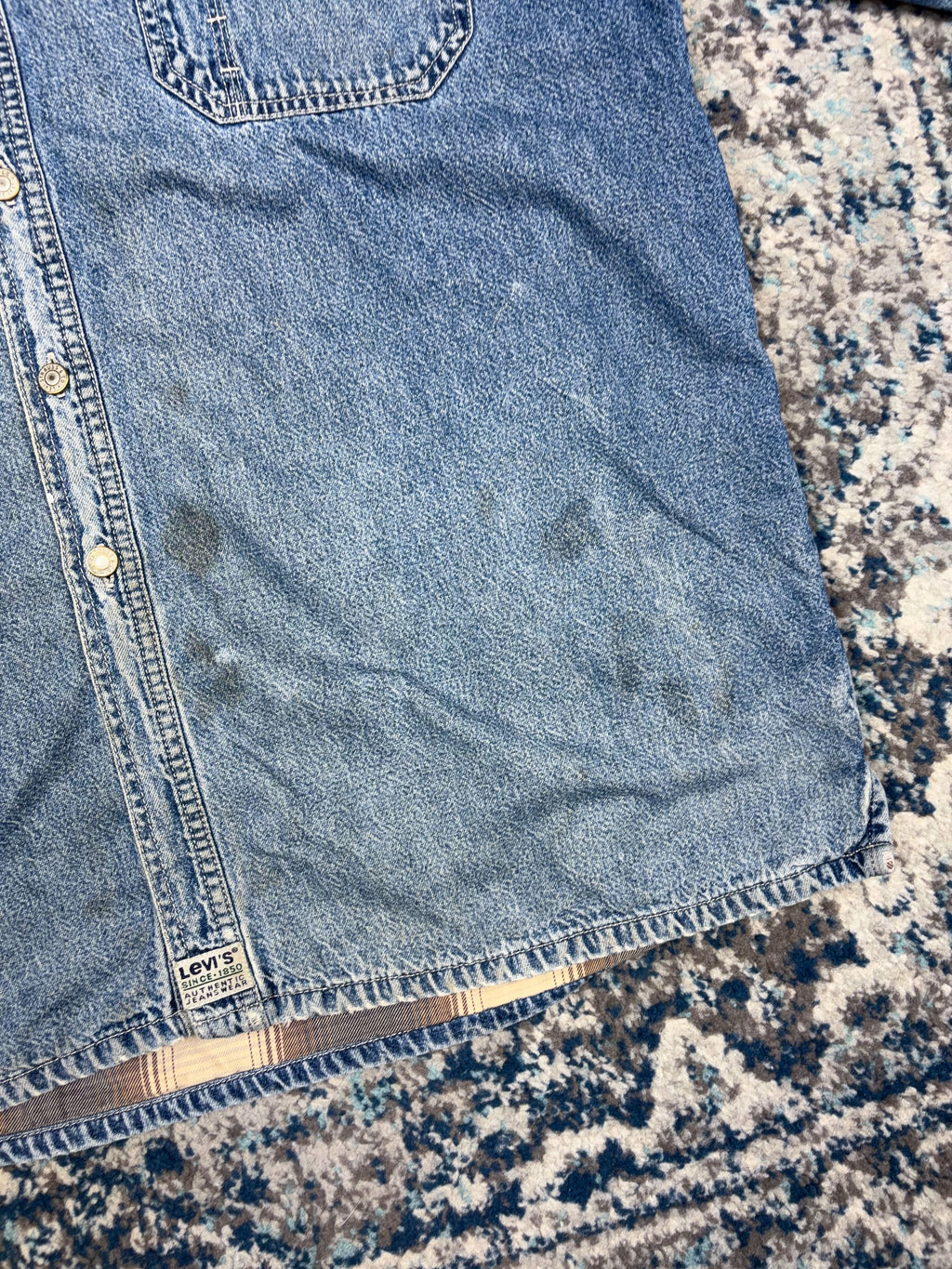 Vintage 90s Levis Blanket Lined Medium Wash Denim Long Sleeve Button Up Shirt Size XL