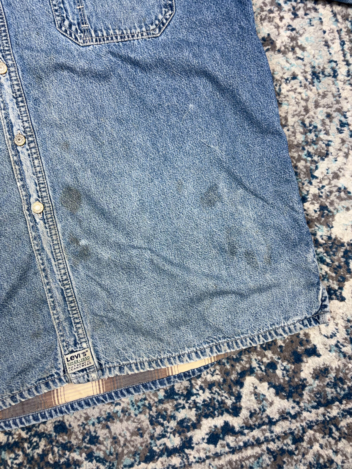 Vintage 90s Levis Blanket Lined Medium Wash Denim Long Sleeve Button Up Shirt Size XL
