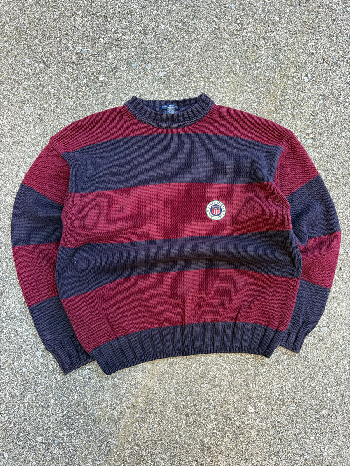 Vintage Gant Sportswear Embroidered Crest Pullover Striped Knit Sweater Size XL