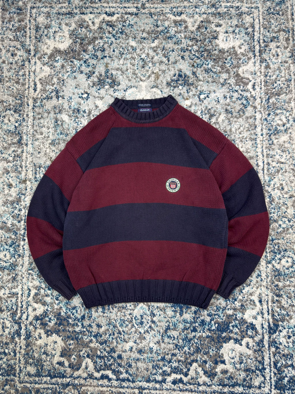 Vintage Gant Sportswear Embroidered Crest Pullover Striped Knit Sweater Size XL