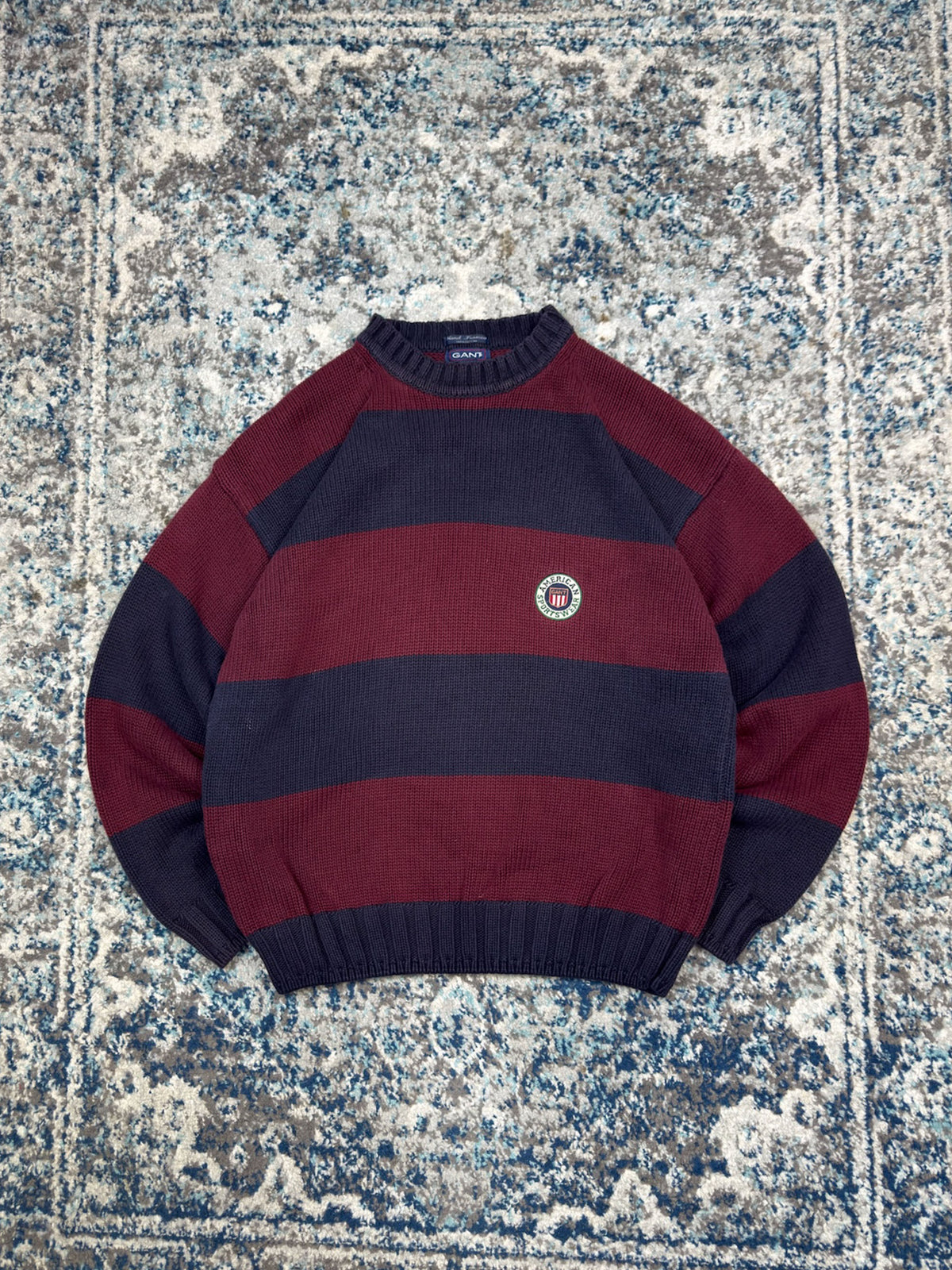 Vintage Gant Sportswear Embroidered Crest Pullover Striped Knit Sweater Size XL