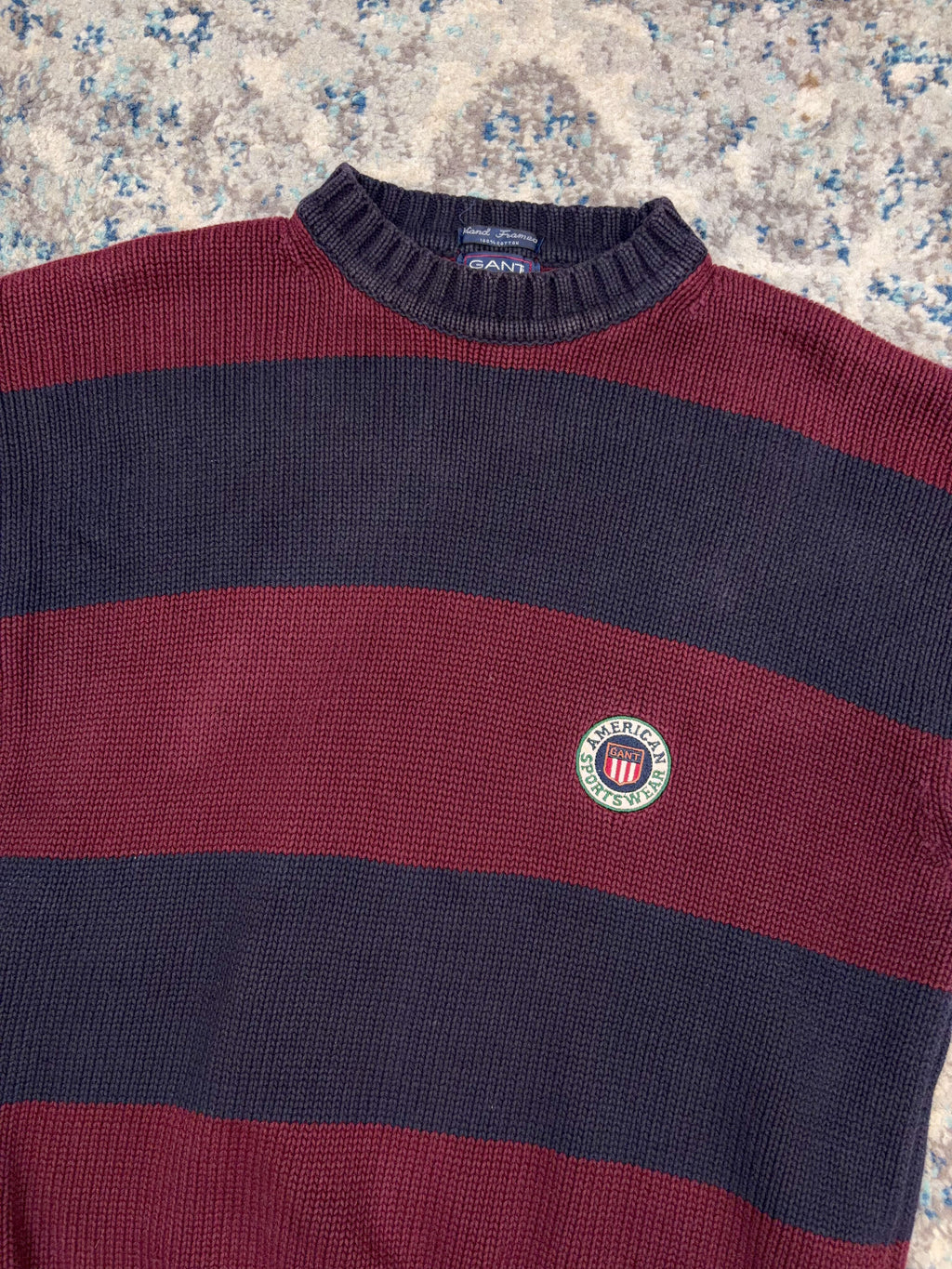 Vintage Gant Sportswear Embroidered Crest Pullover Striped Knit Sweater Size XL