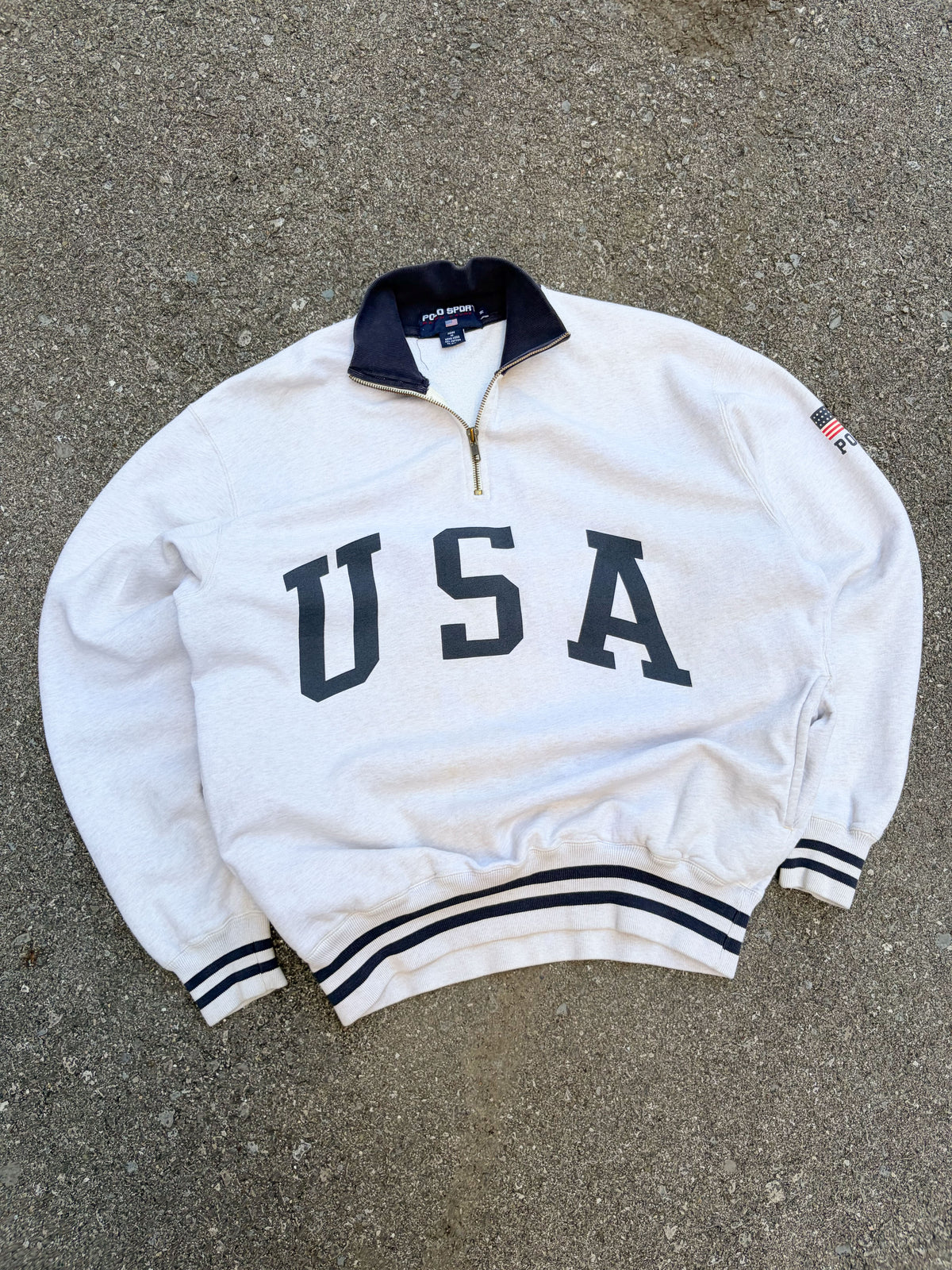 Vintage Polo Ralph Lauren Sport USA Arc Spellout 1/4 Zip Crewneck Sweatshirt Size Medium