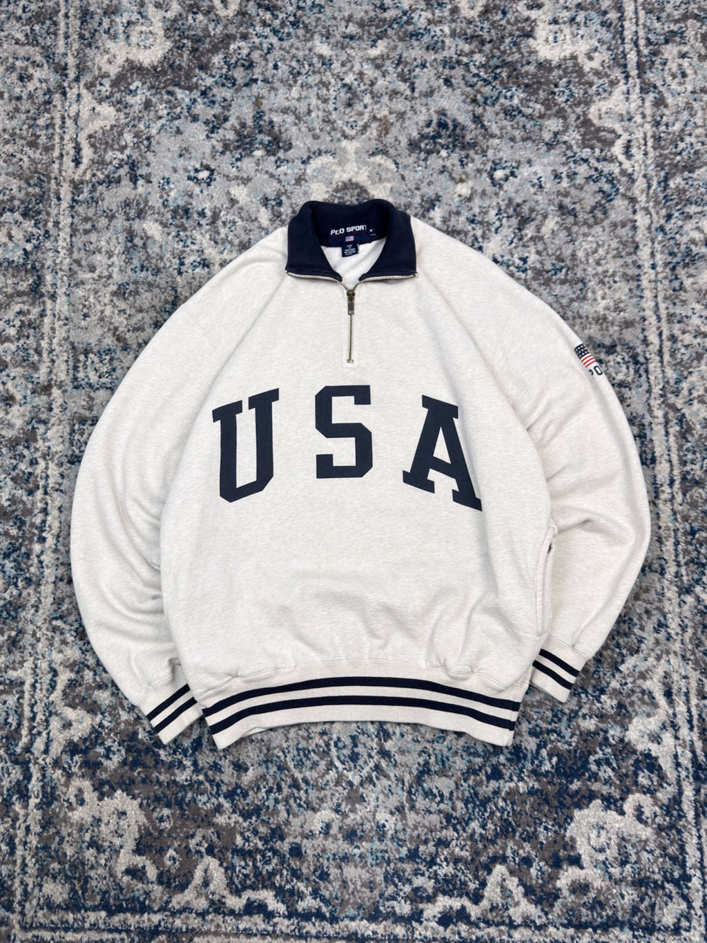 Vintage Polo Ralph Lauren Sport USA Arc Spellout 1/4 Zip Crewneck Sweatshirt Size Medium