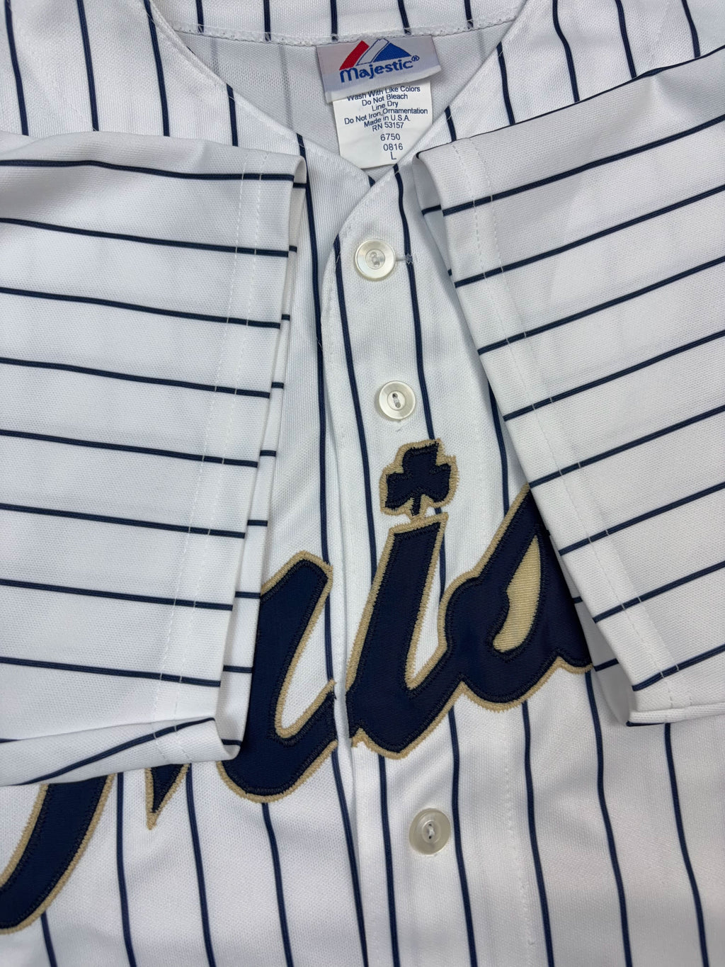 Vintage Notre Dame Fighting Irish NCAA Majestic Pinstripe Baseball Jersey Size Large