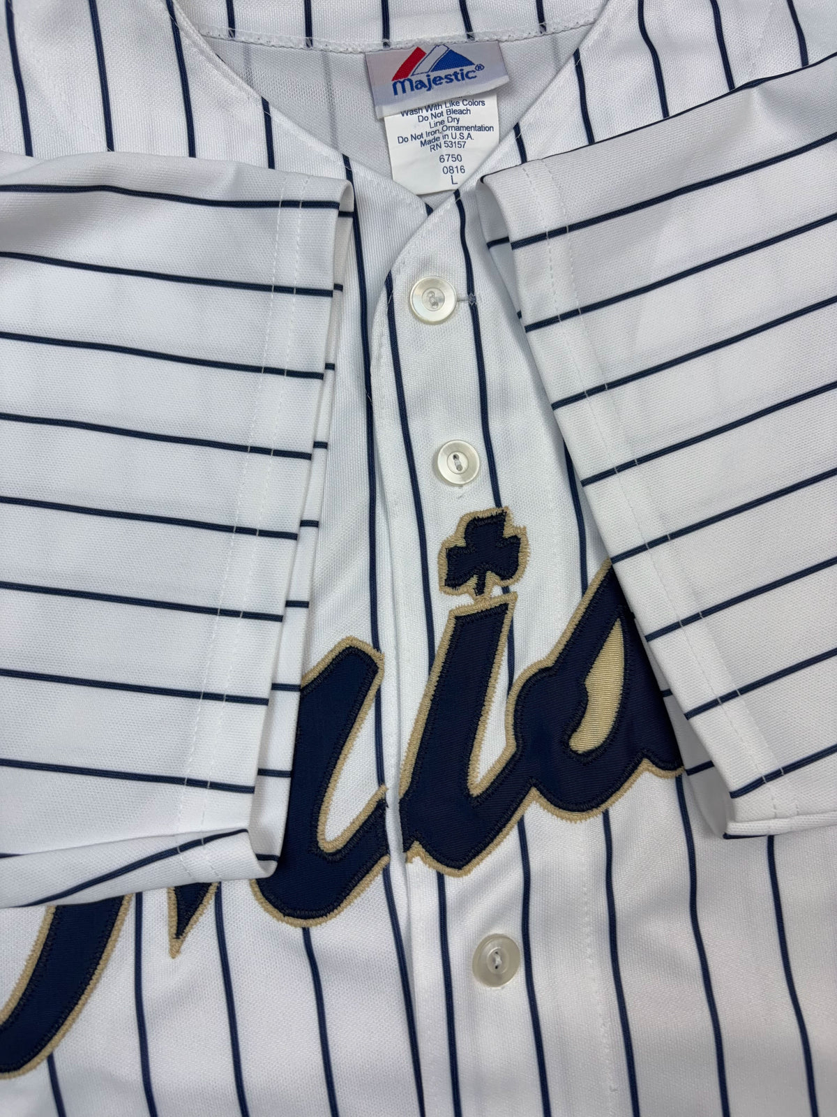 Vintage Notre Dame Fighting Irish NCAA Majestic Pinstripe Baseball Jersey Size Large