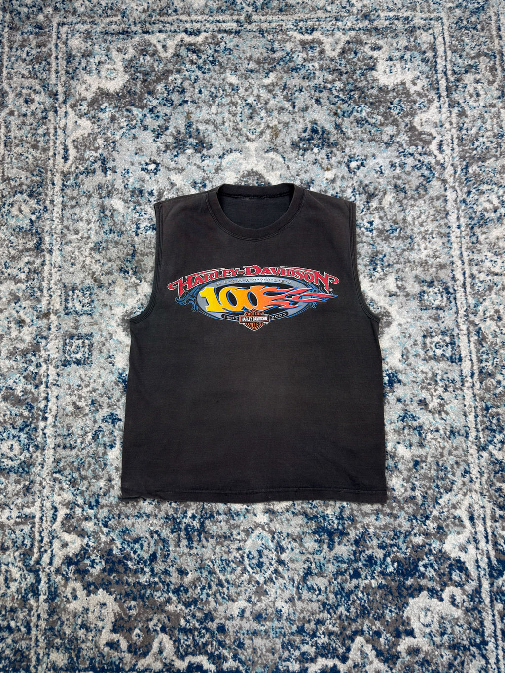 Vintage 2003 Harley Davison 100th Anniversary Flame Spellout Sleeveless T-Shirt Size Small