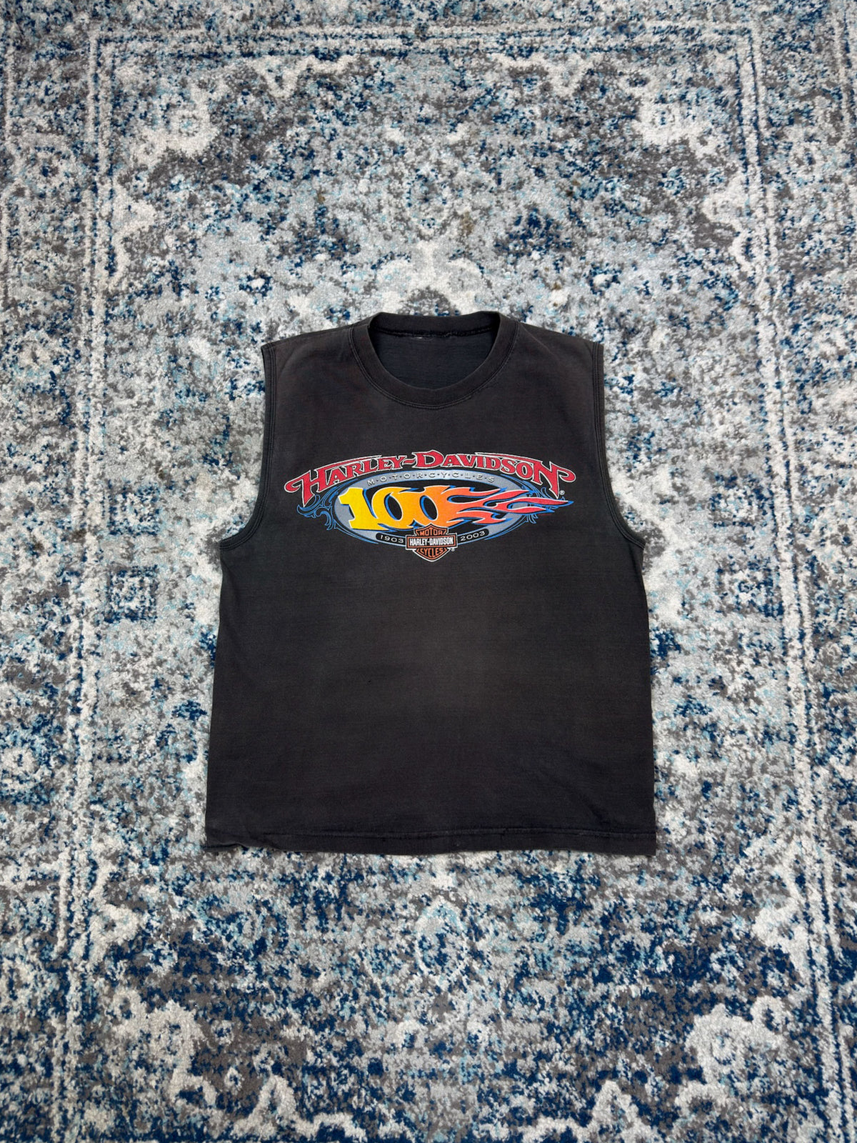 Vintage 2003 Harley Davison 100th Anniversary Flame Spellout Sleeveless T-Shirt Size Small