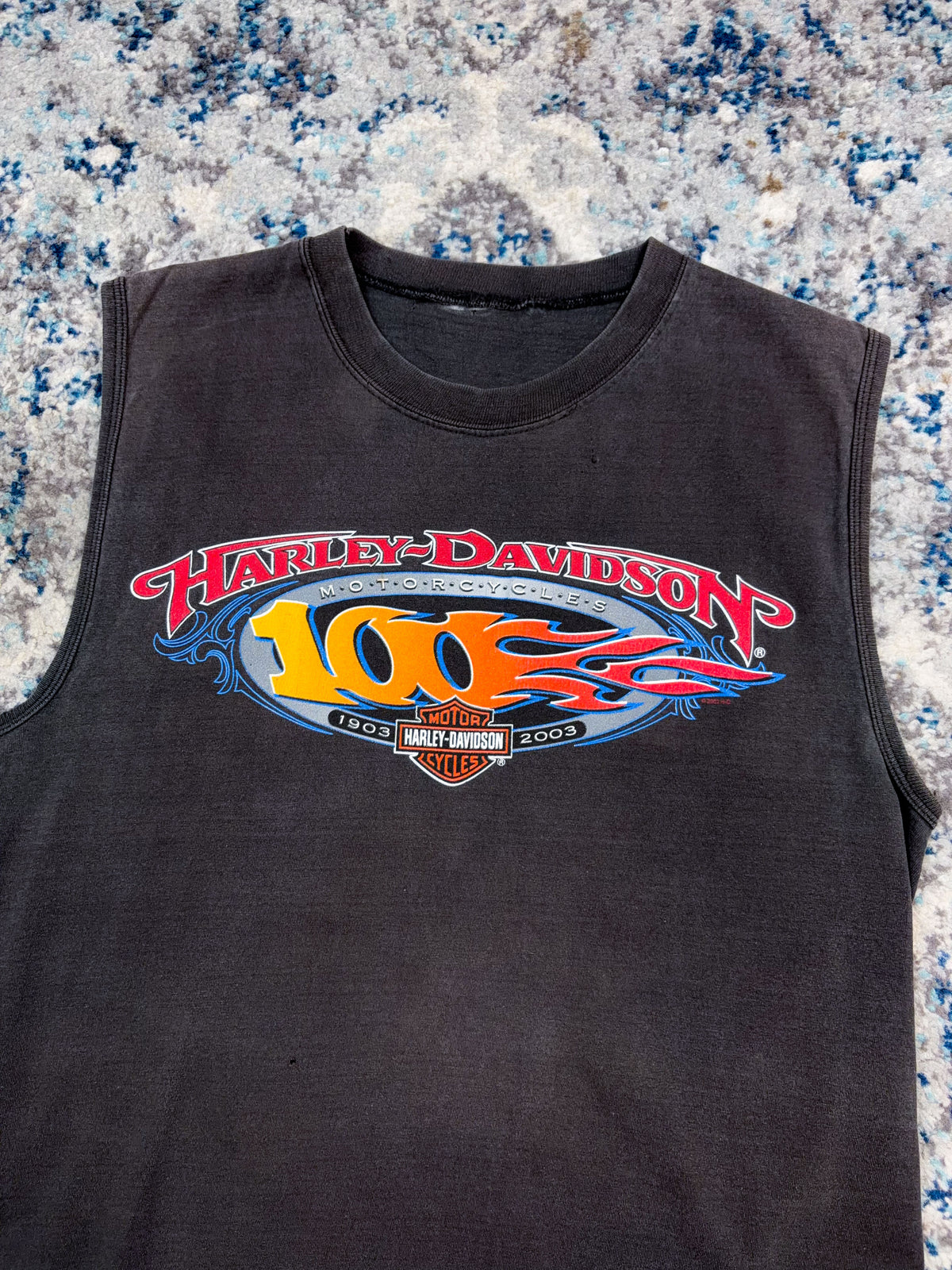 Vintage 2003 Harley Davison 100th Anniversary Flame Spellout Sleeveless T-Shirt Size Small