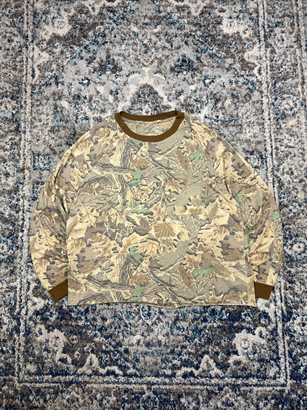Vintage Advantage Timber Camo Single Pocket Long Sleeve Hunting T-Shirt Size Large