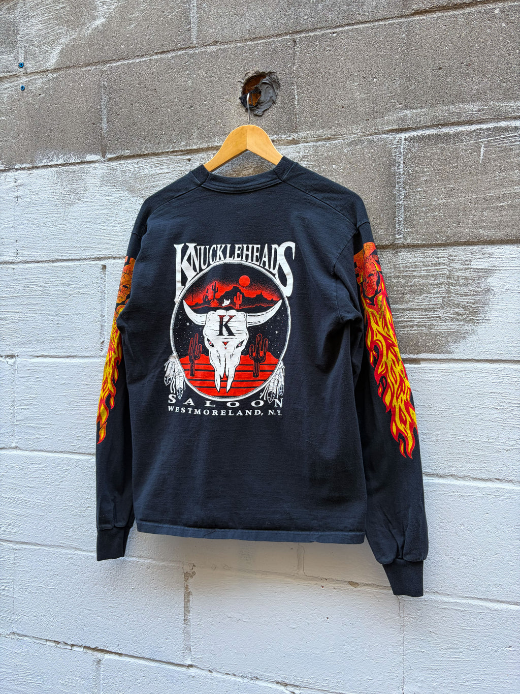Vintage Knucklehead Saloon Flame Sleeve Graphic Long Sleeve T-Shirt Size Large