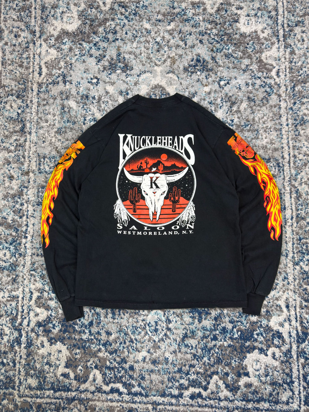 Vintage Knucklehead Saloon Flame Sleeve Graphic Long Sleeve T-Shirt Size Large
