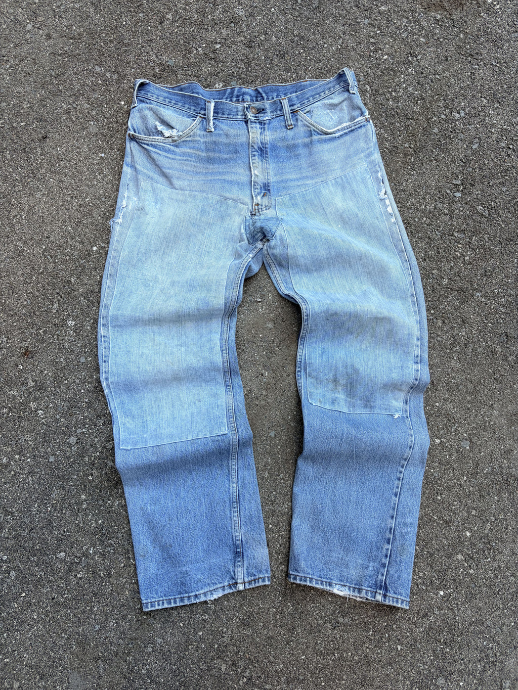 Vintage Plain Pockets Light Wash Thrashed Denim Double Knee Workwear Pants Size 36